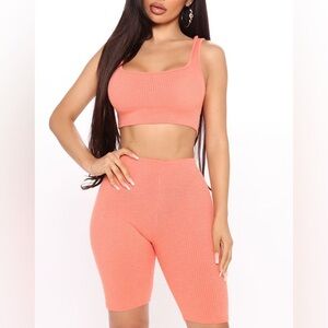 Coral Ribbed Crop Top and Leggings Set